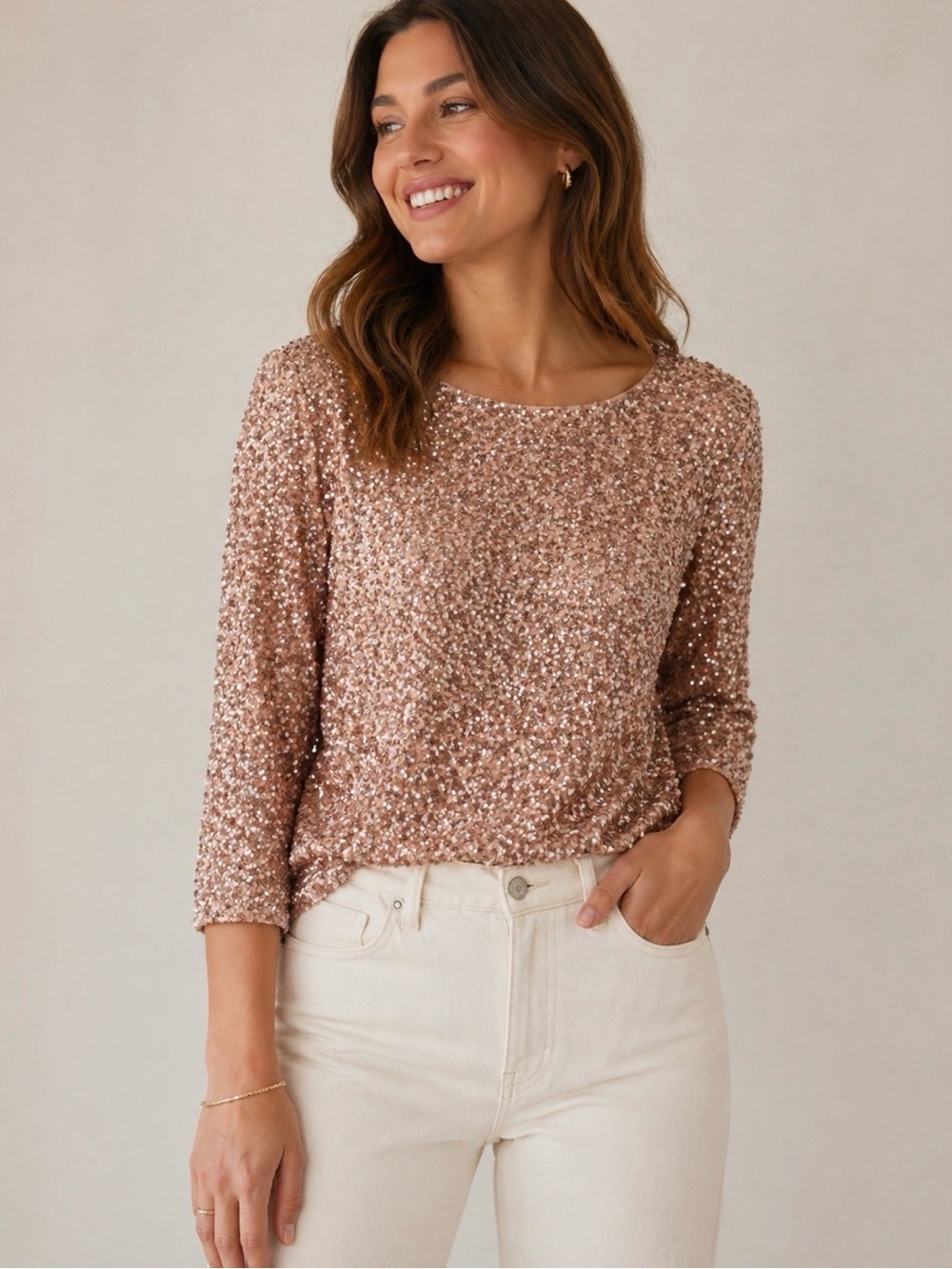 J CREW gold sequin 3/4 sleeve round neck sparkle coastal grandma evening tunic S